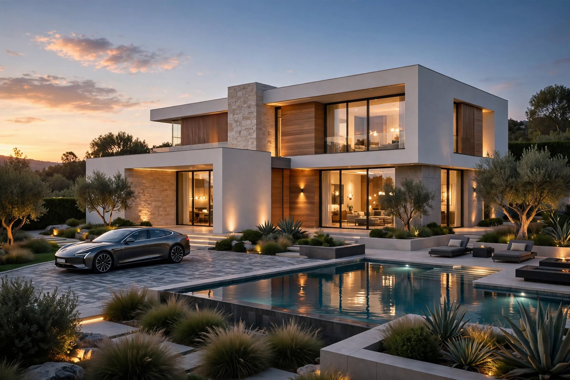 A managed home at sunset